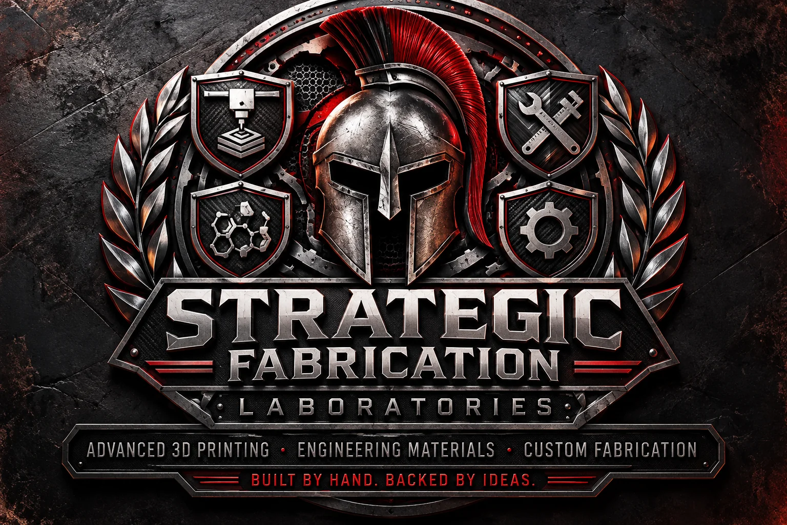Metallic Spartan crest for Strategic Fabrication Laboratories, with four shields representing printing, fabrication, materials and precision